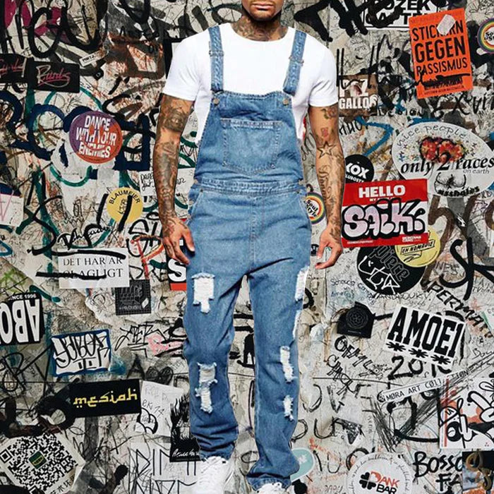 Men's Casual Ripped Denim Overalls