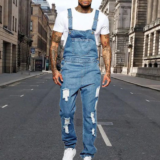 Men's Casual Ripped Denim Overalls