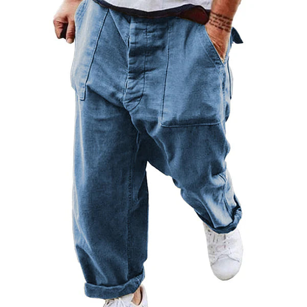 Men's Casual Solid Color Cotton Linen Large Pockets Pants