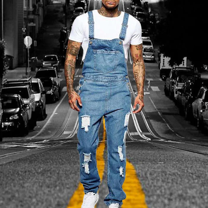 Men's Casual Ripped Denim Overalls