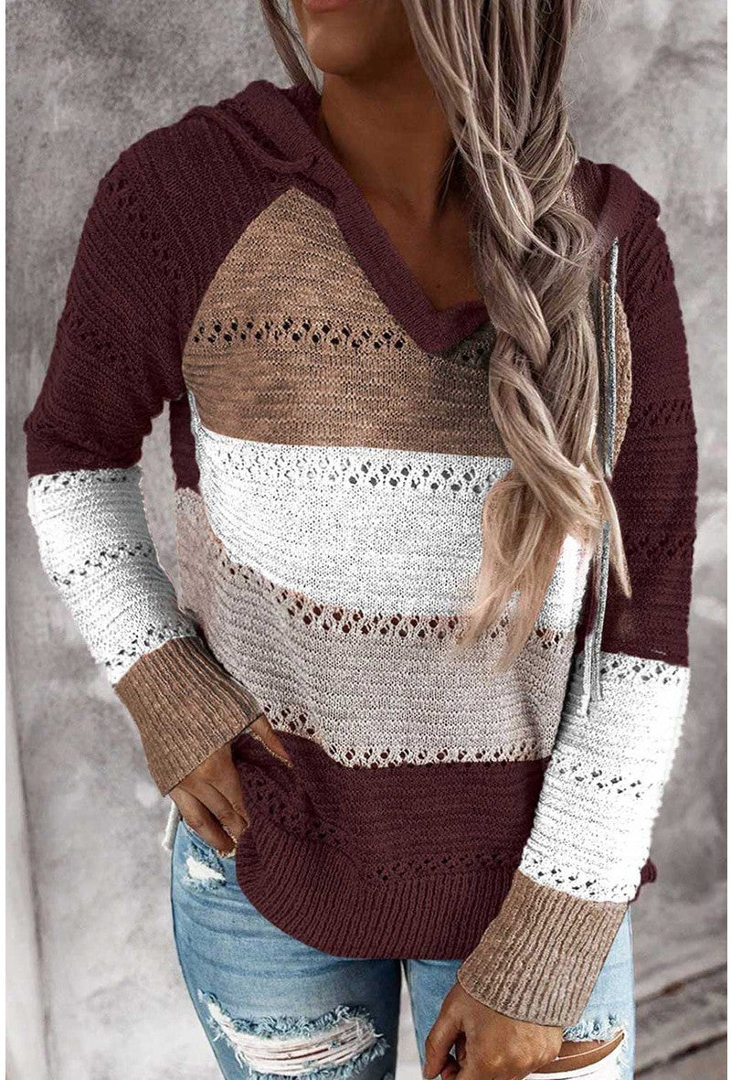 Stylish Color-Block Hooded Knit Sweater for Women