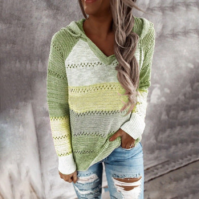 Stylish Color-Block Hooded Knit Sweater for Women