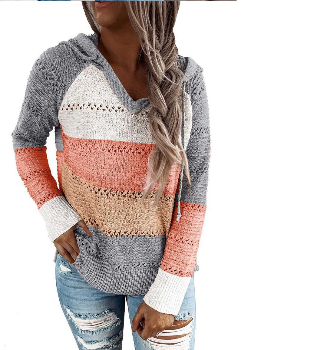 Stylish Color-Block Hooded Knit Sweater for Women