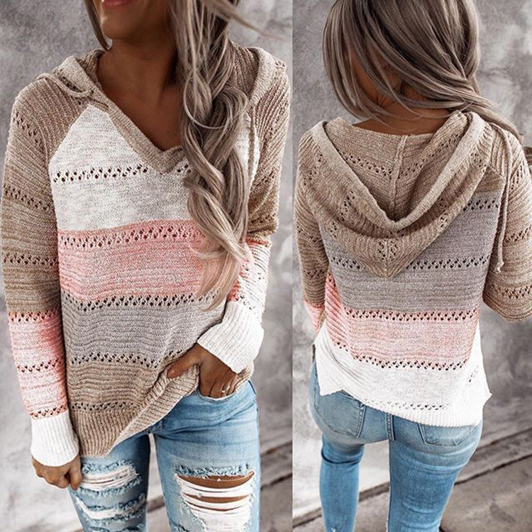 Stylish Color-Block Hooded Knit Sweater for Women