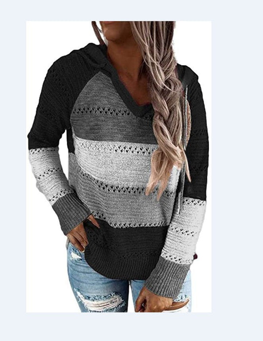 Stylish Color-Block Hooded Knit Sweater for Women