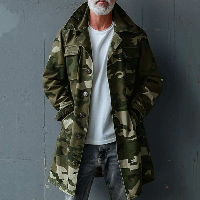 Men's Camouflage Mid-Length Cargo Trench Coat