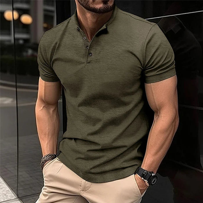 Men's Solid Color Button Henley Neck Sports Polo Shirt