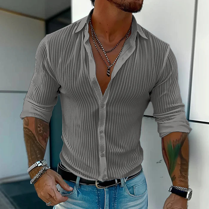 Men's Solid Color Striped Lapel Long Sleeve Shirt