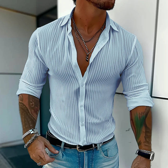 Men's Solid Color Striped Lapel Long Sleeve Shirt