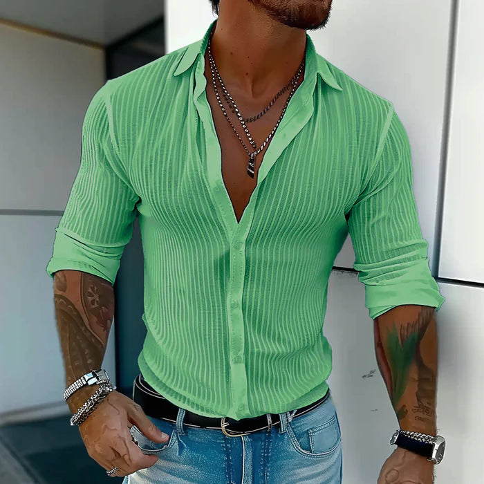 Men's Solid Color Striped Lapel Long Sleeve Shirt