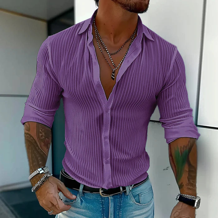 Men's Solid Color Striped Lapel Long Sleeve Shirt