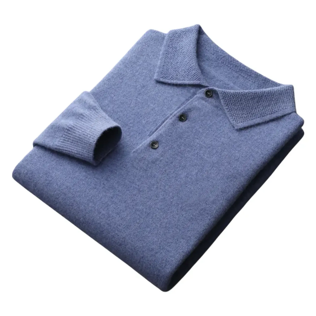 Knitted Wool Blend Long Sleeve Polo for Men