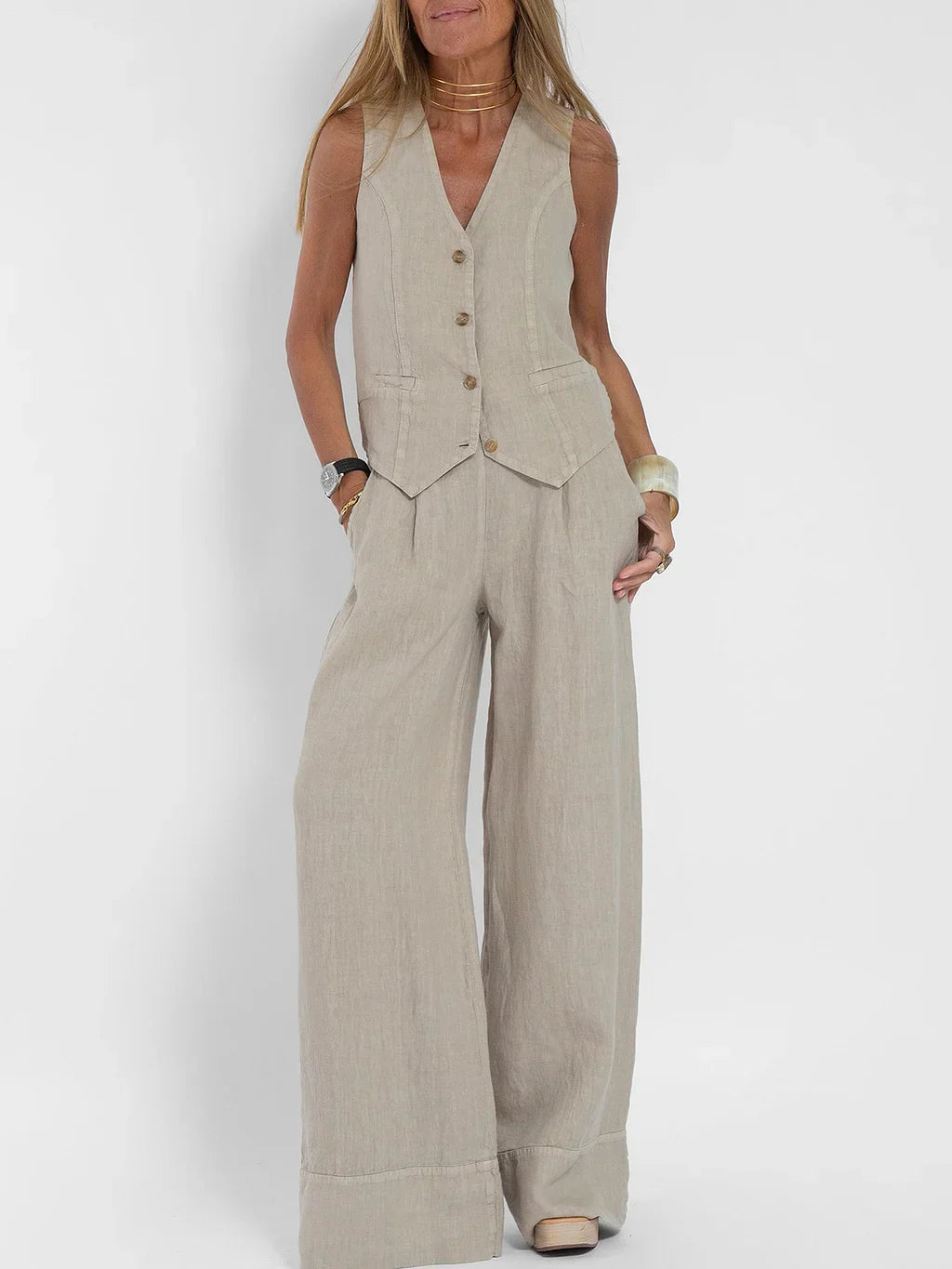 Comfortable Women's Linen Waistcoat and Trousers Set