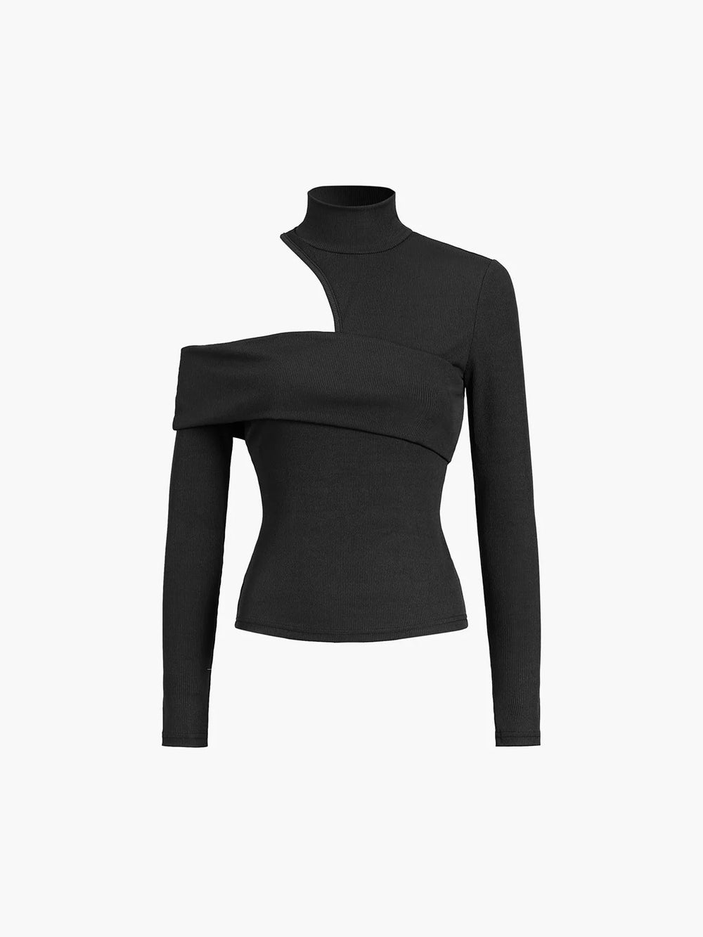 Women's Elegant Rib Knit Mock Neck Top with Oblique Cutout