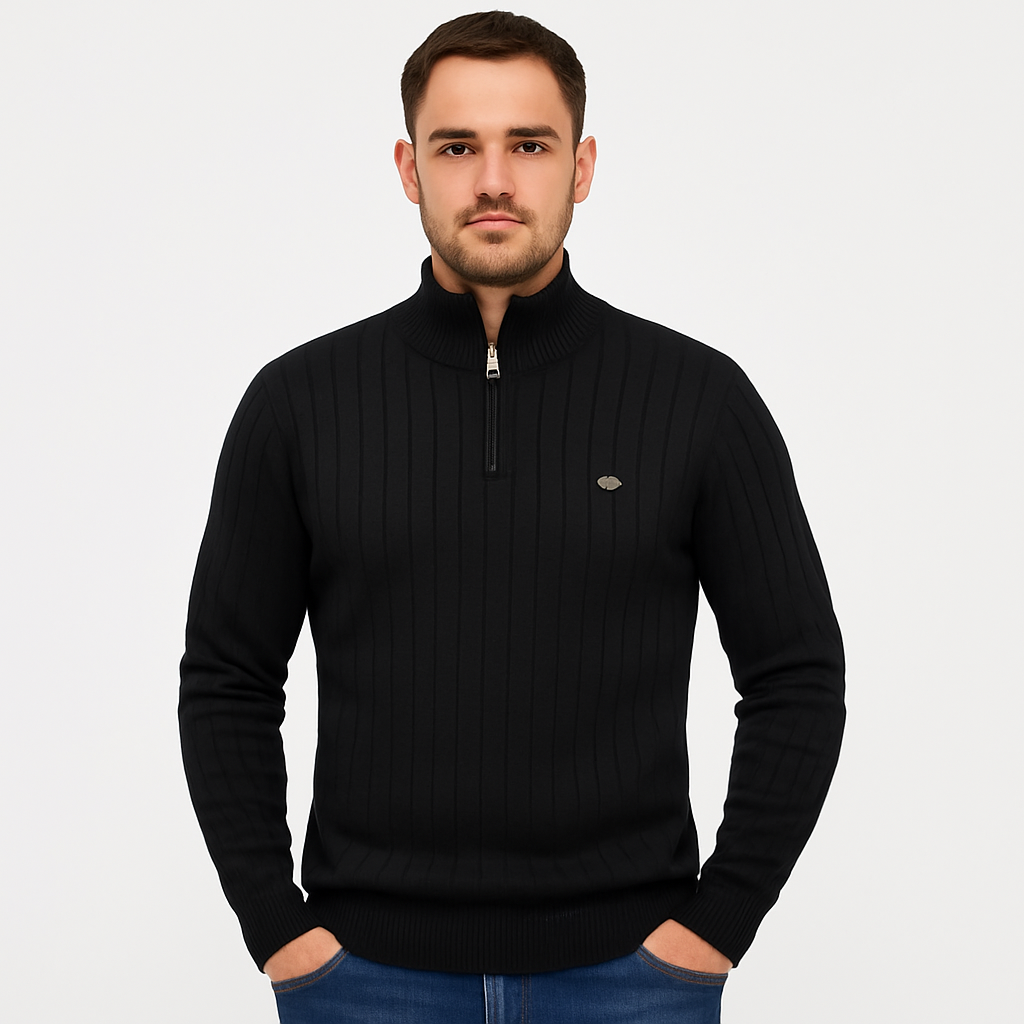 Knitted Zip Sweater with Ribbed Hem and Stretch Fit