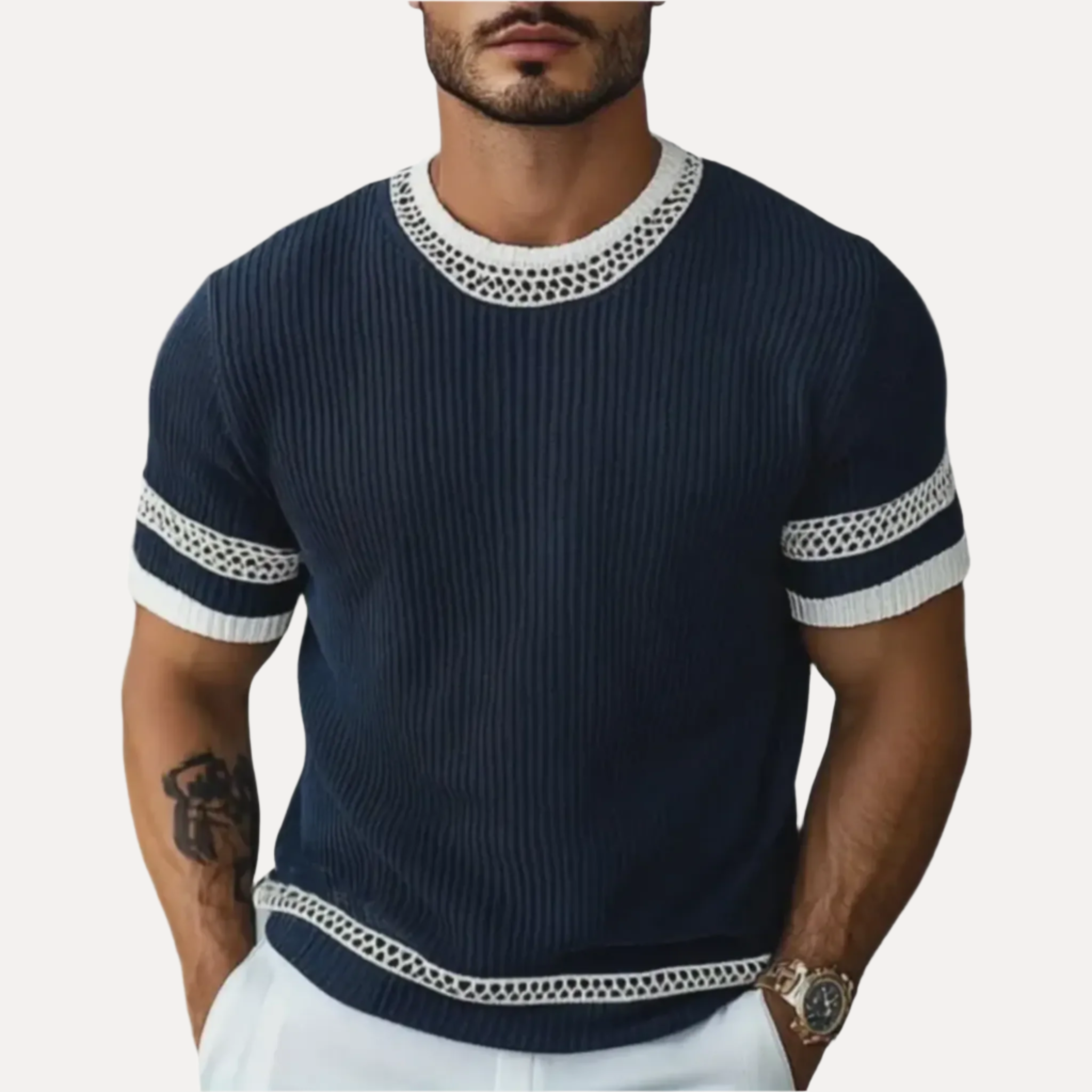 Armoire Men’s Contrast Trim Knit Tee- navy