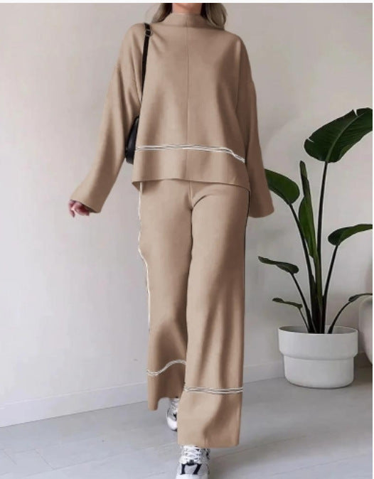 Women's Comfortable Solid Color Casual Top and Slightly Flare Trousers Set