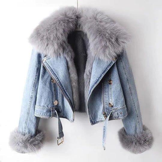 Luxe Fur-Accented Denim Jacket For Women