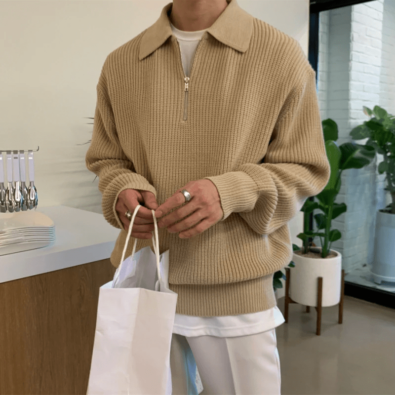 Knitted Half Zip Lapel Sweat For Men