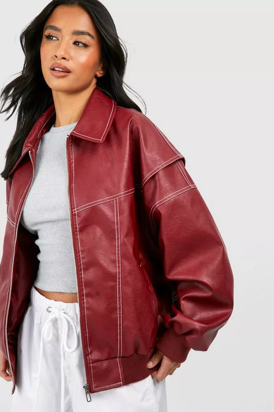 Trendy Leather Bomber Jacket For Women