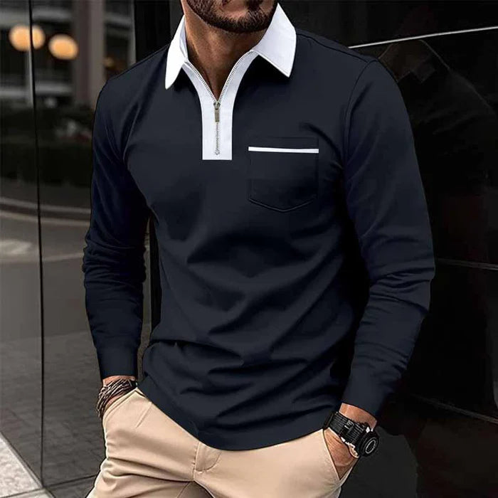 Men's Color Block Pocket Long Sleeve Polo Shirt