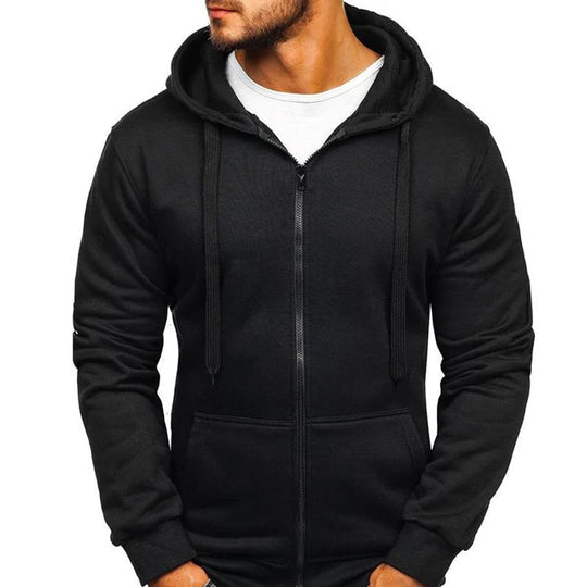 Men's Solid Color Zip Hooded Sweatshirt with Drawstring