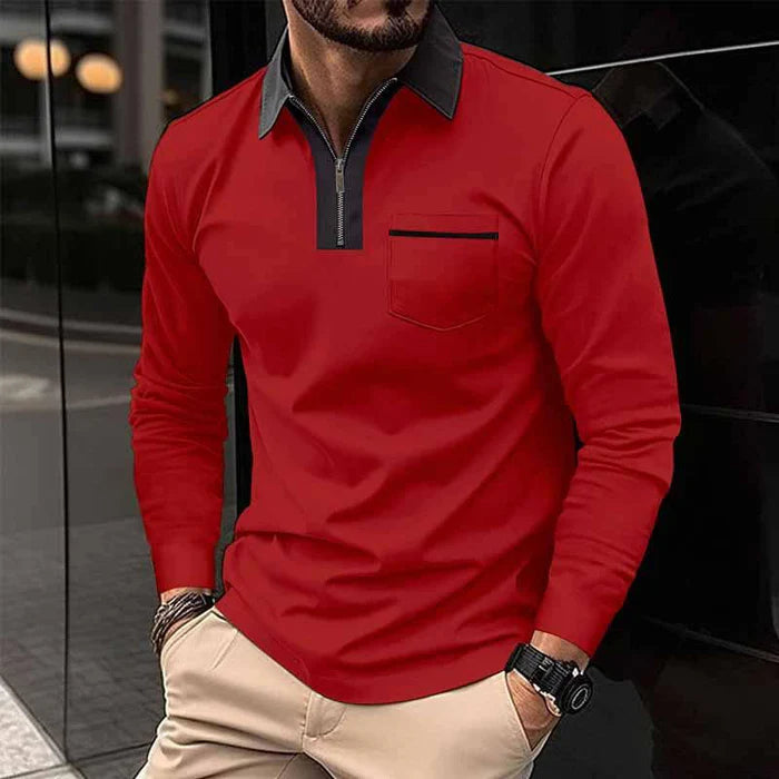 Men's Color Block Pocket Long Sleeve Polo Shirt