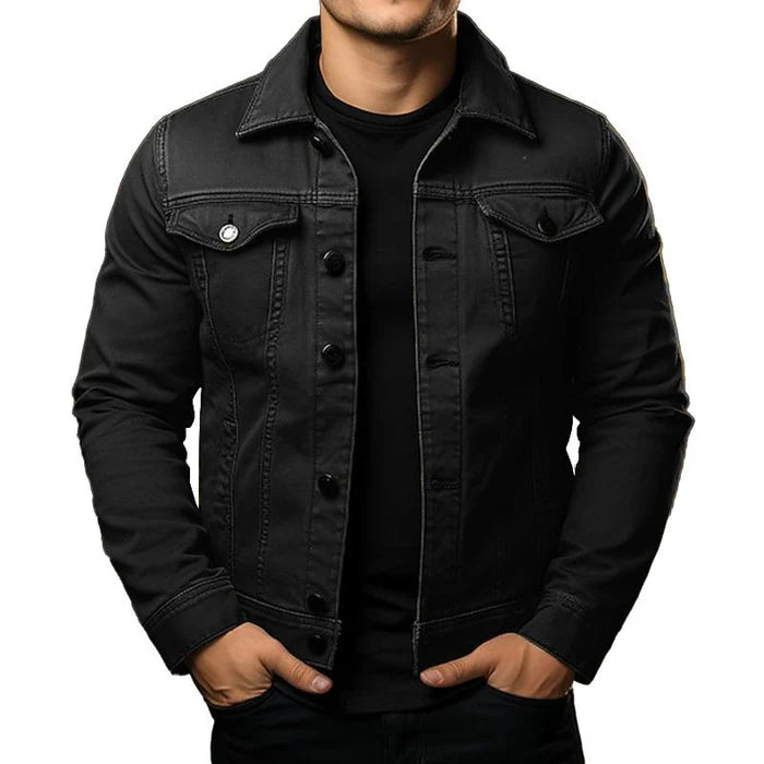 Men's Classic Solid Color Lapel Single-Breasted Cargo Denim Jacket