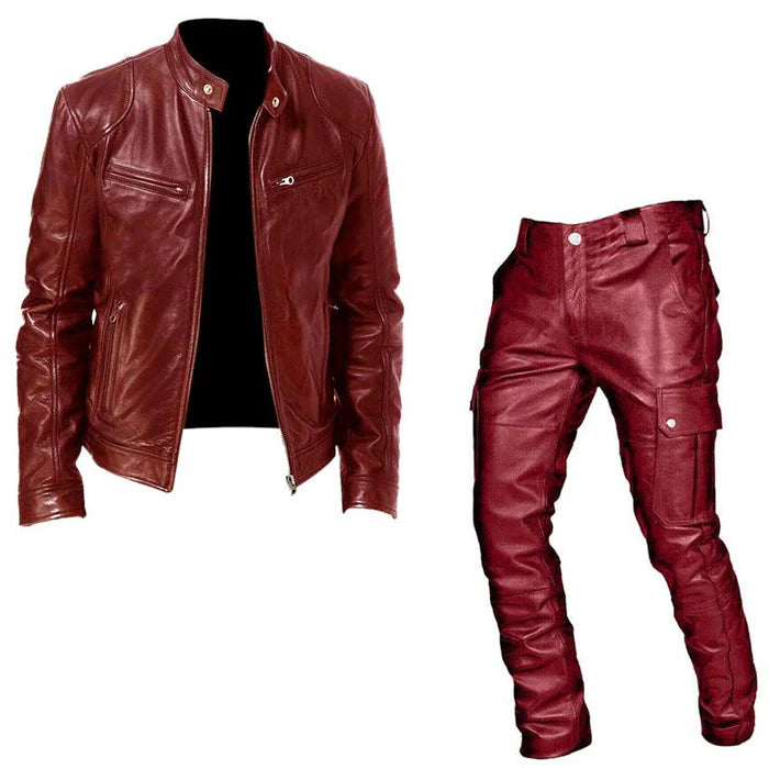 Men's Vintage Rugged Leather Jacket & Pants Set