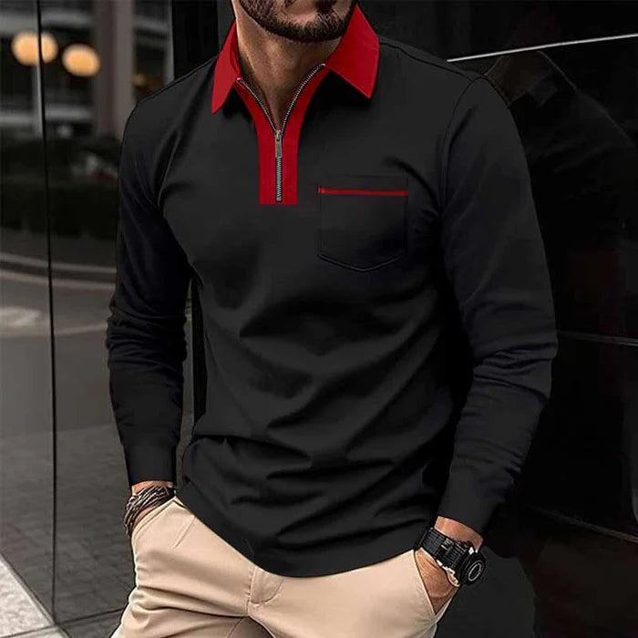 Men's Color Block Pocket Long Sleeve Polo Shirt