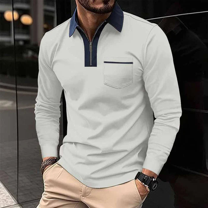 Men's Color Block Pocket Long Sleeve Polo Shirt