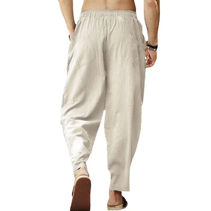 Men's Loose Cotton Linen Solid Color Drawstring Pants