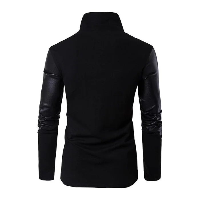 Men's Casual Slim Stand Collar Knit Leather Panel Jacket