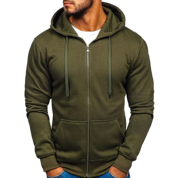 Men's Solid Color Zip Hooded Sweatshirt with Drawstring