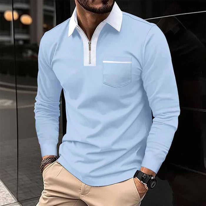 Men's Color Block Pocket Long Sleeve Polo Shirt