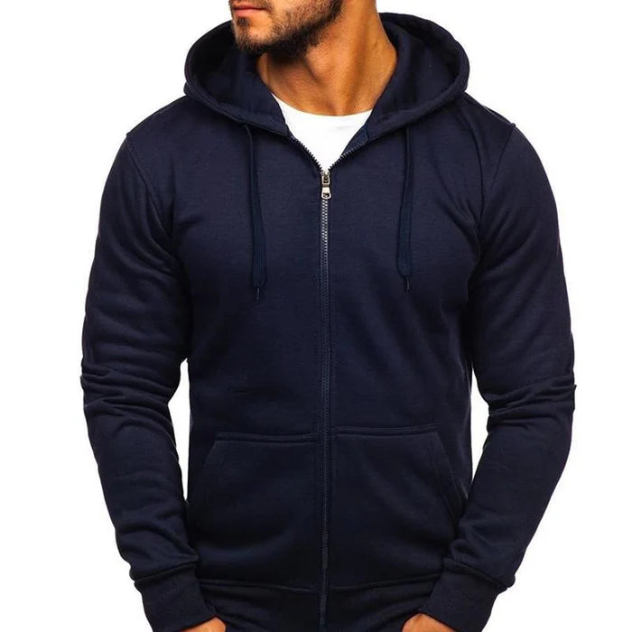 Men's Solid Color Zip Hooded Sweatshirt with Drawstring