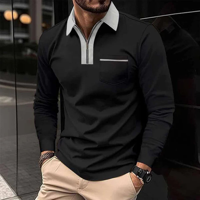 Men's Color Block Pocket Long Sleeve Polo Shirt