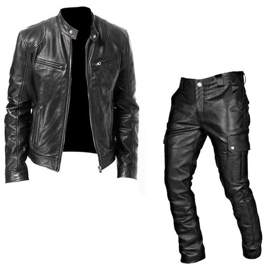 Men's Vintage Rugged Leather Jacket & Pants Set