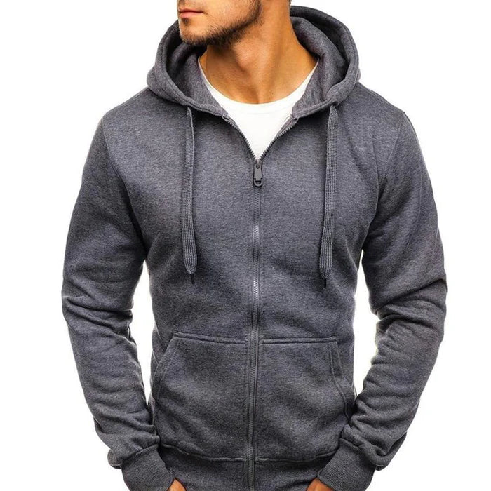 Men's Solid Color Zip Hooded Sweatshirt with Drawstring