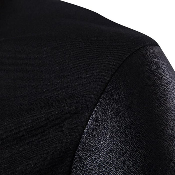 Men's Casual Slim Stand Collar Knit Leather Panel Jacket