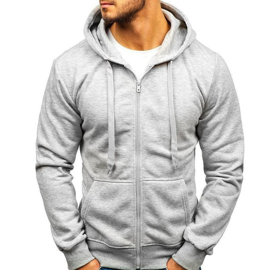 Men's Solid Color Zip Hooded Sweatshirt with Drawstring