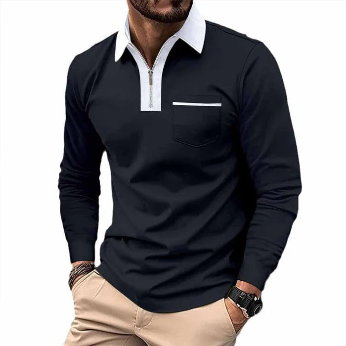 Men's Color Block Pocket Long Sleeve Polo Shirt