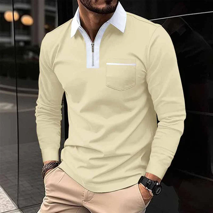 Men's Color Block Pocket Long Sleeve Polo Shirt