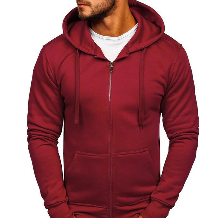 Men's Solid Color Zip Hooded Sweatshirt with Drawstring