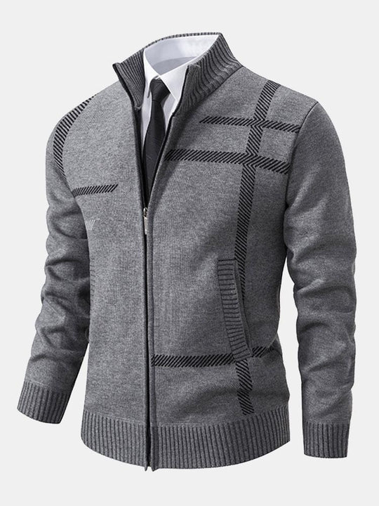 Patterned Knitted Cardigan with Zip for Men