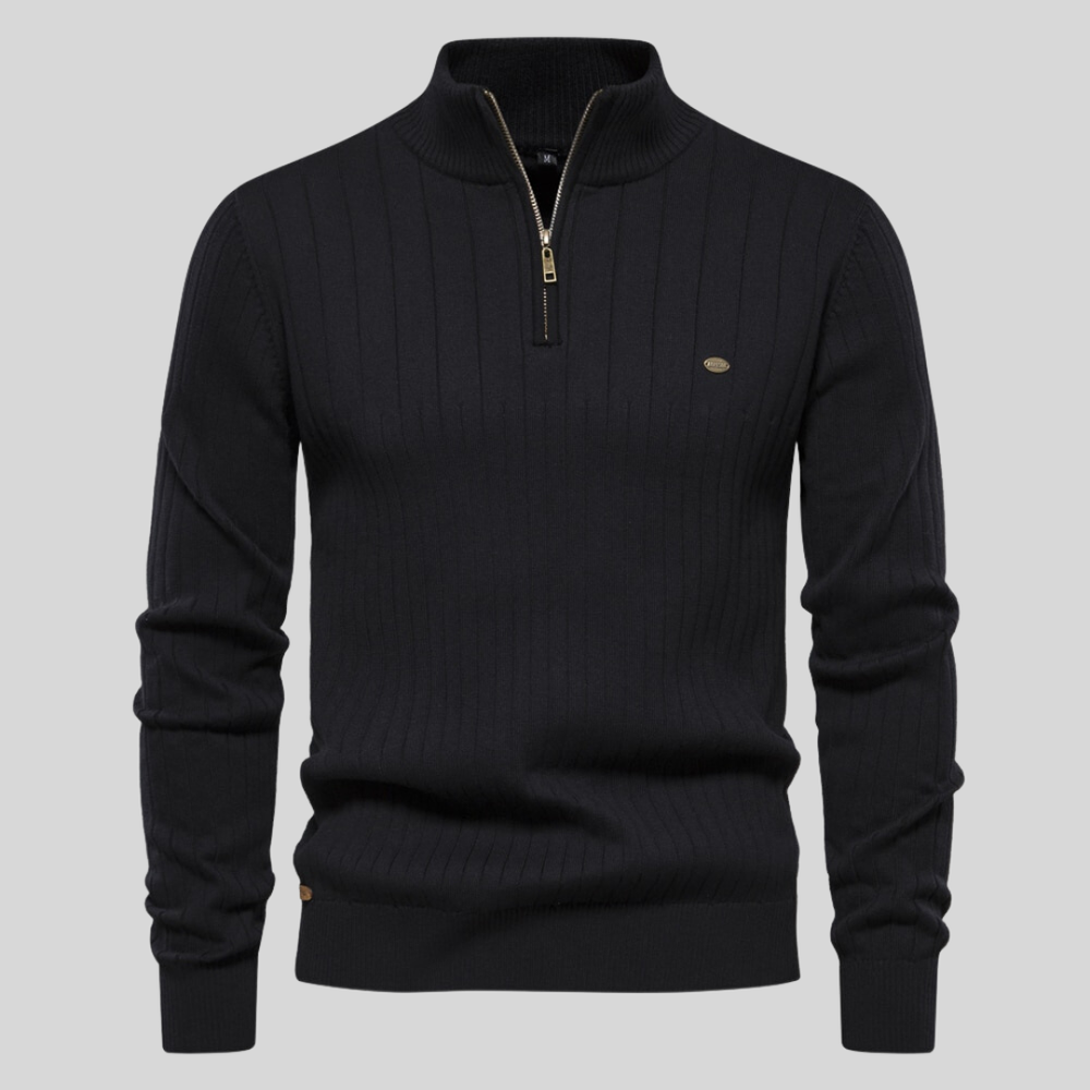 Knitted Zip Sweater with Ribbed Hem and Stretch Fit - Armoire Melbourne