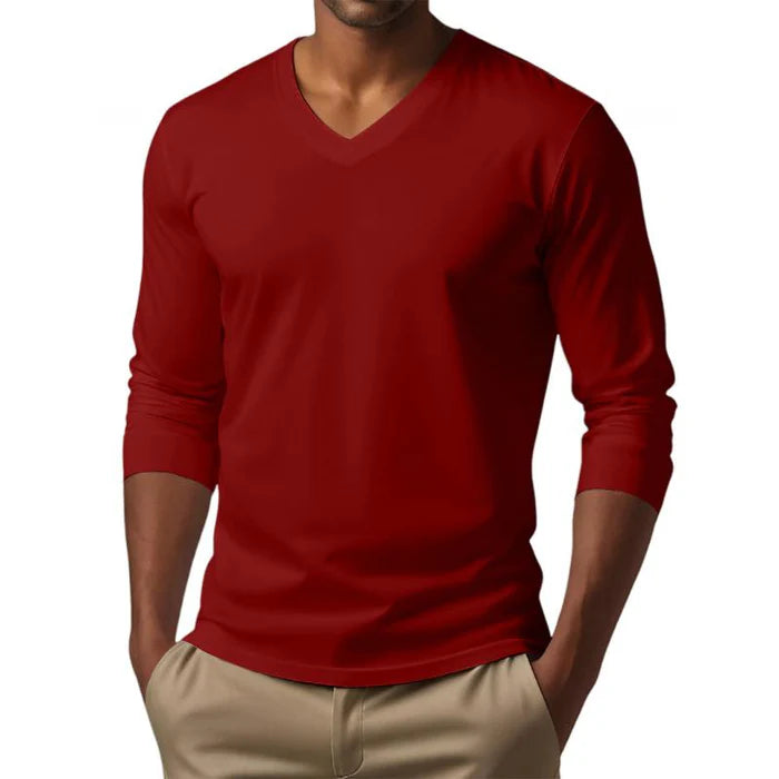 Men's Casual V-neck Cotton Blended Slim Fit Long Sleeve T-shirt