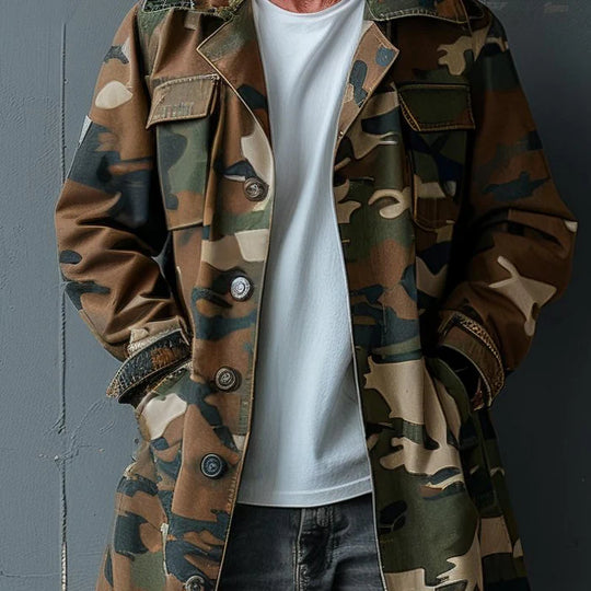 Men's Camouflage Mid-Length Cargo Trench Coat