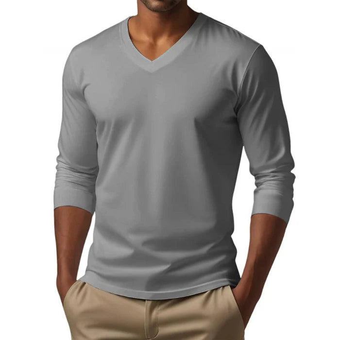 Men's Casual V-neck Cotton Blended Slim Fit Long Sleeve T-shirt