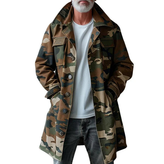 Men's Camouflage Mid-Length Cargo Trench Coat